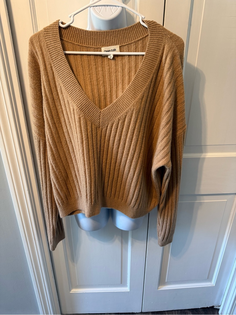 Open Edit Cozy Ribbed V-Neck Sweater in Camel..SO SOFT